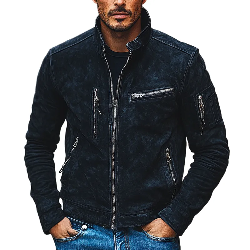 Men's Retro Solid Color Stand Collar Zipper Faux Suede Jacket MTA0570K1X sold by Manly