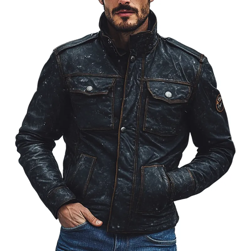 Men's Retro Solid Color Stand Collar Multi-Pocket PU Leather Jacket MTA0580K2X sold by Manly