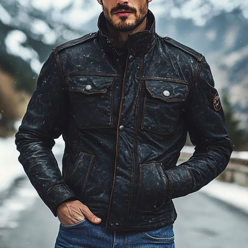 Men's Retro Solid Color Stand Collar Multi-Pocket PU Leather Jacket MTA0580K2X sold by Manly product image thumbnail 2