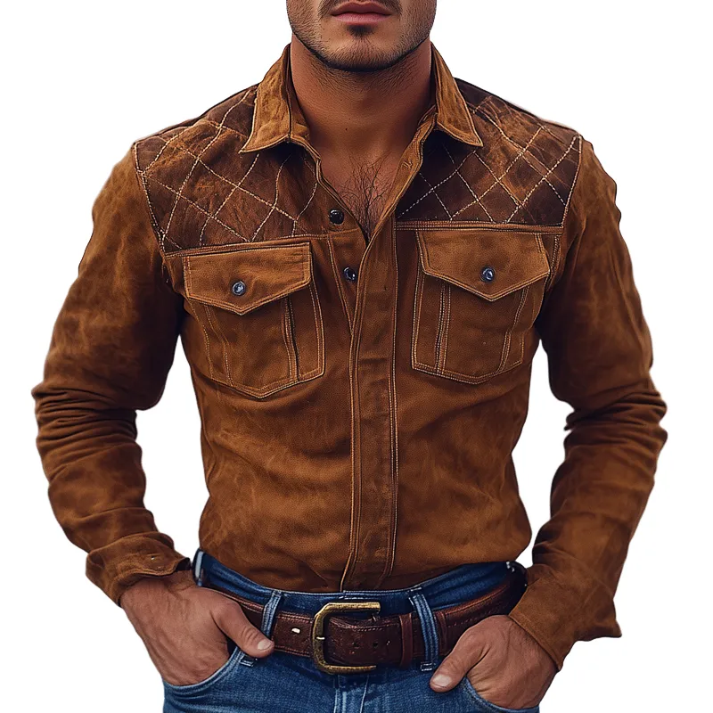 Men's Retro-Style Patchwork Quilted Lapel Faux Suede Long-Sleeve Shirt MTA0543K4X sold by Manly