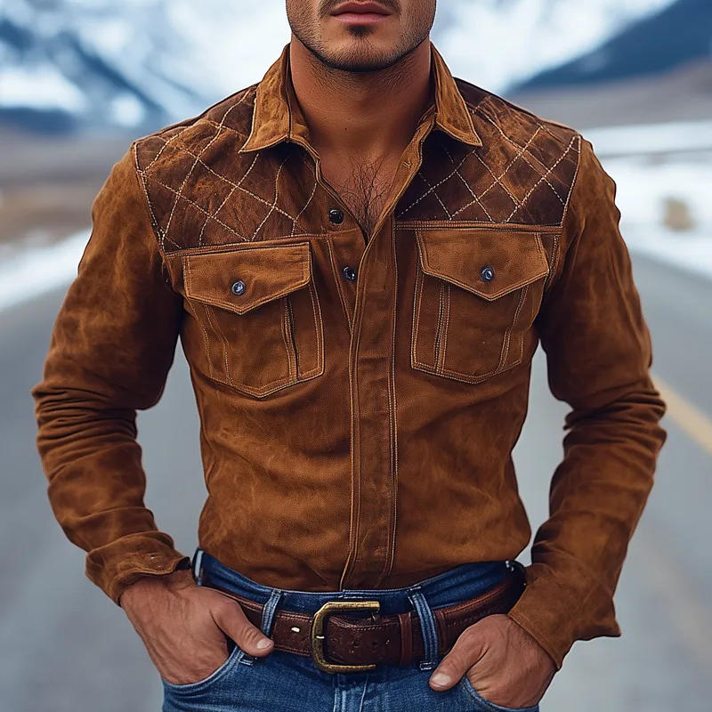 Men's Retro-Style Patchwork Quilted Lapel Faux Suede Long-Sleeve Shirt MTA0543K4X sold by Manly product image thumbnail 2