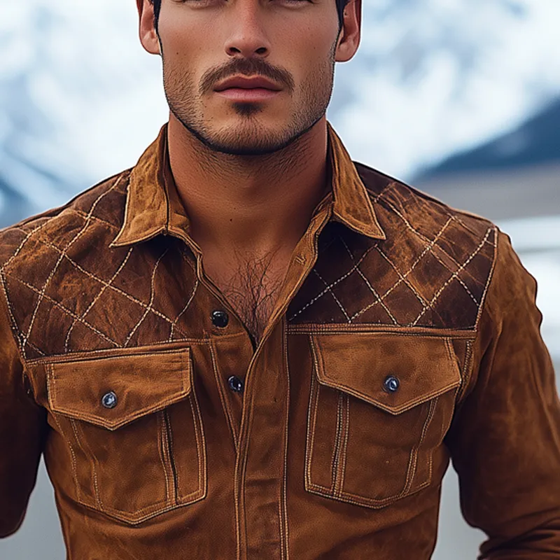 Men's Retro-Style Patchwork Quilted Lapel Faux Suede Long-Sleeve Shirt MTA0543K4X sold by Manly product image thumbnail 3