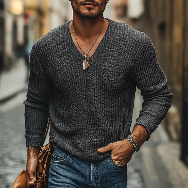 Men's Solid Color Knitted V-neck Loose Pullover Sweater MTA0509K2X sold by Manly product image thumbnail 2