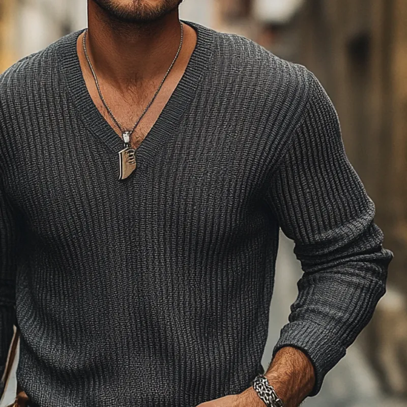 Men's Solid Color Knitted V-neck Loose Pullover Sweater MTA0509K2X sold by Manly product image thumbnail 3