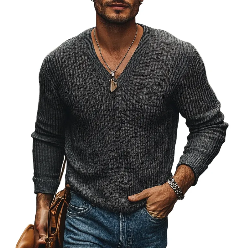 Men's Solid Color Knitted V-neck Loose Pullover Sweater MTA0509K2X sold by Manly