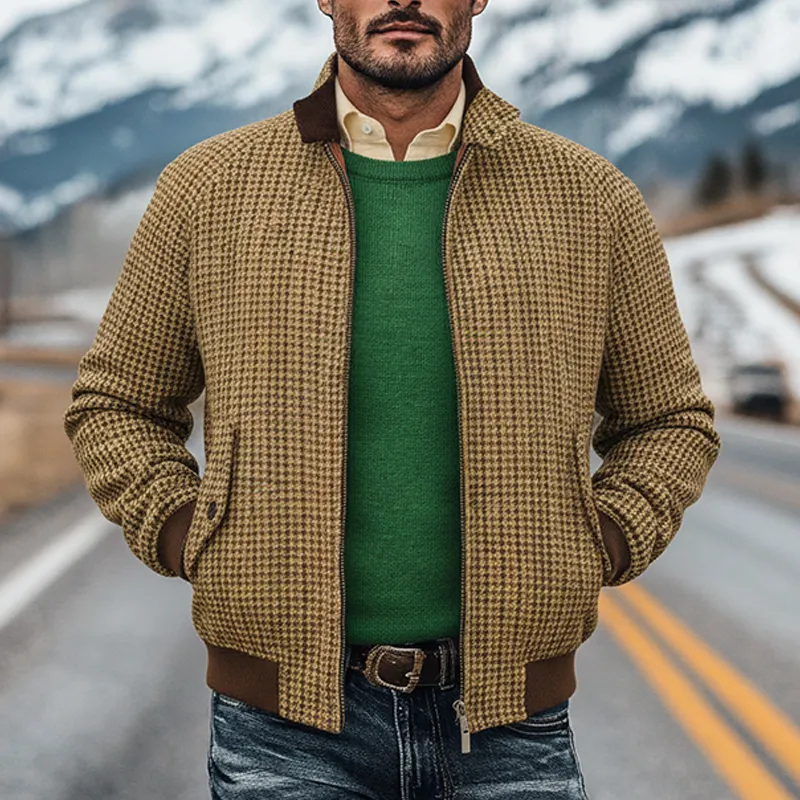 Men's Retro Houndstooth Stand Collar Zip-Up Jacket MTA0646K6X sold by Manly product image thumbnail 2