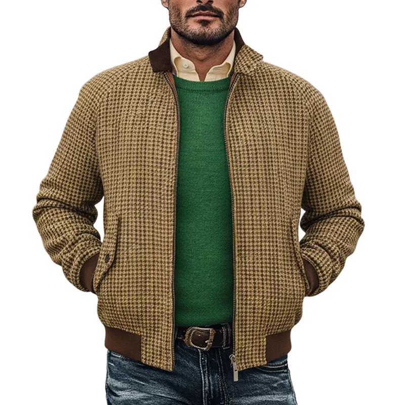 Men's Retro Houndstooth Stand Collar Zip-Up Jacket MTA0646K6X sold by Manly