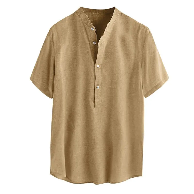 Men's Solid Color Stand Collar Cotton Linen Short Sleeve Shirt 25025155X sold by Manly product image thumbnail 5
