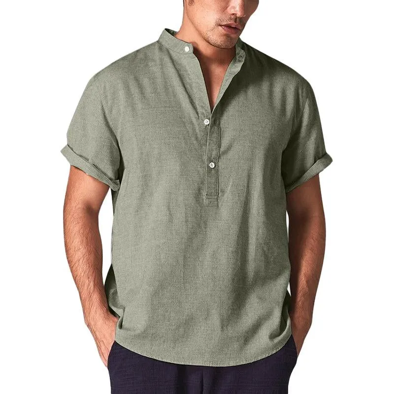 Men's Solid Color Stand Collar Cotton Linen Short Sleeve Shirt 25025155X sold by Manly