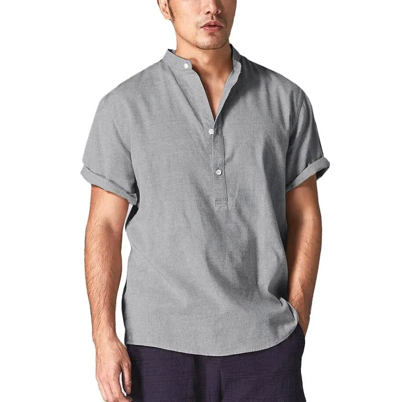 Men's Solid Color Stand Collar Cotton Linen Short Sleeve Shirt 25025155X sold by Manly product image thumbnail 3