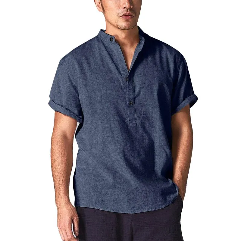 Men's Solid Color Stand Collar Cotton Linen Short Sleeve Shirt 25025155X sold by Manly product image thumbnail 2