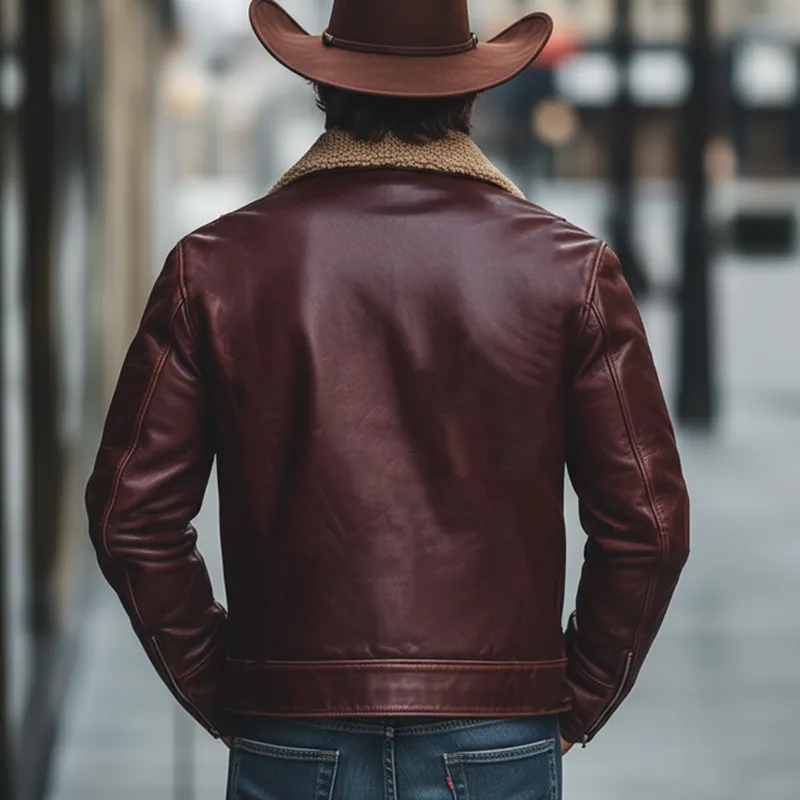 Men's Classic Burgundy Patchwork Lambswool Collar Zipper PU Leather Jacket MTA0593K7U sold by Manly product image thumbnail 4