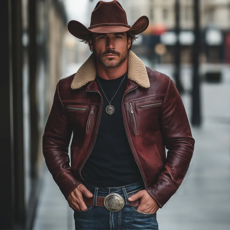 Men's Classic Burgundy Patchwork Lambswool Collar Zipper PU Leather Jacket MTA0593K7U sold by Manly product image thumbnail 2