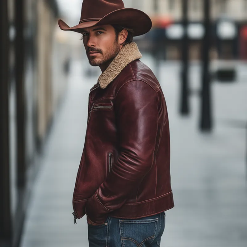 Men's Classic Burgundy Patchwork Lambswool Collar Zipper PU Leather Jacket MTA0593K7U sold by Manly product image thumbnail 3