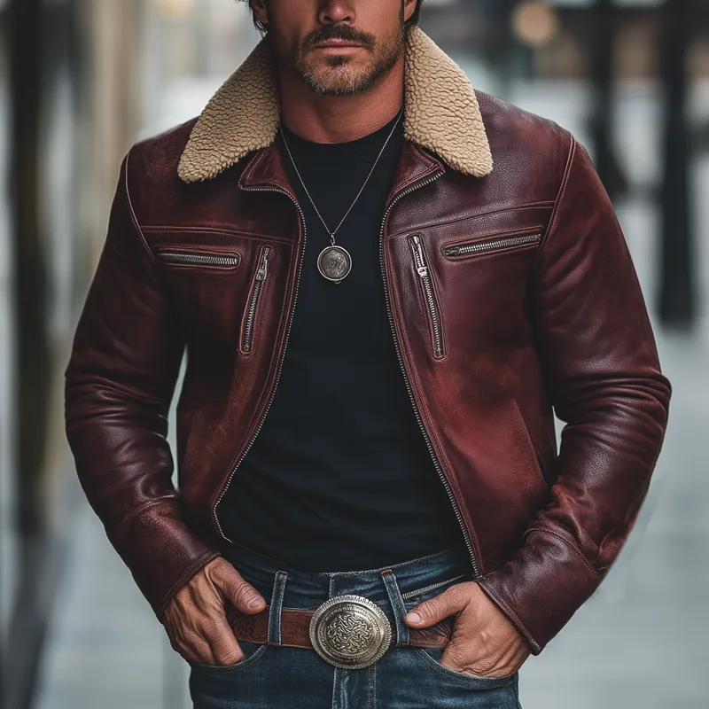 Men's Classic Burgundy Patchwork Lambswool Collar Zipper PU Leather Jacket MTA0593K7U sold by Manly product image thumbnail 5