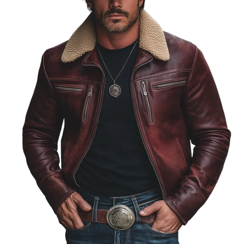 Men's Classic Burgundy Patchwork Lambswool Collar Zipper PU Leather Jacket MTA0593K7U sold by Manly