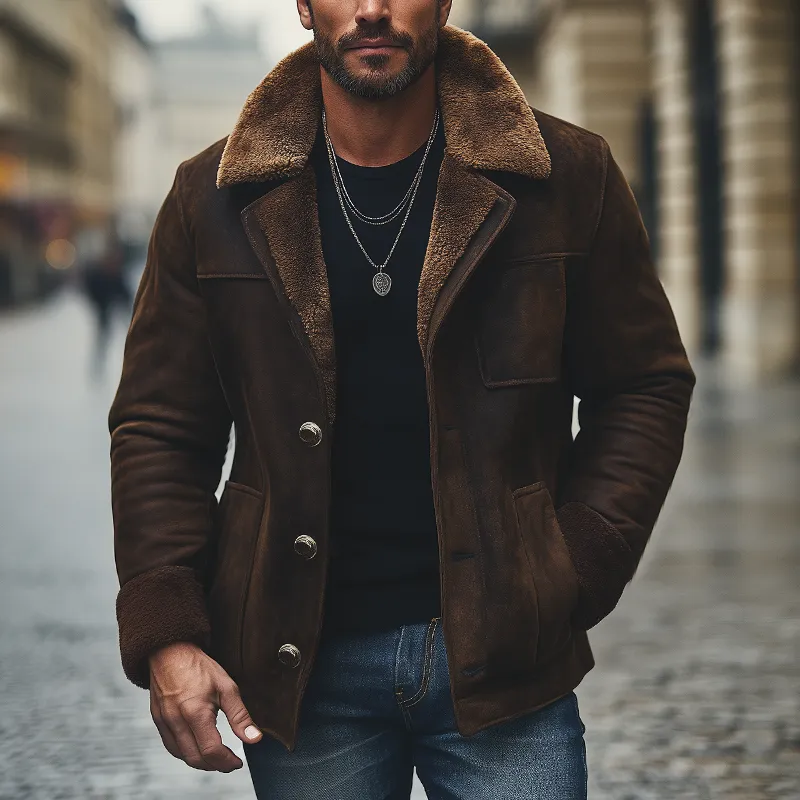 Men's Winter Suede Thickened Lambswool Lined Button-Up Jacket MTA0522K0U sold by Manly product image thumbnail 5