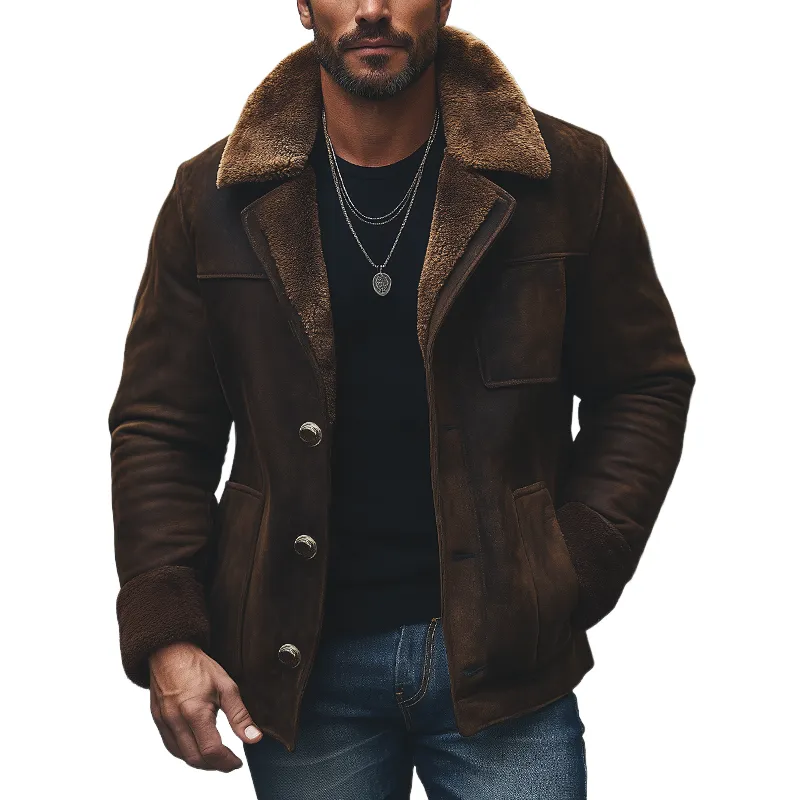 Men's Winter Suede Thickened Lambswool Lined Button-Up Jacket MTA0522K0U sold by Manly