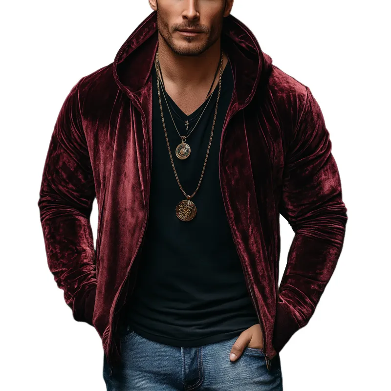 Men's Classic Burgundy Velvet Zip-Up Hooded Jacket MTA0500K6U sold by Manly