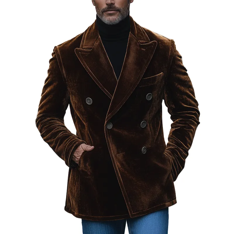 Men's Winter Retro Glossy Velvet Double-Breasted Lapel Jacket MTA0453K0P sold by Manly