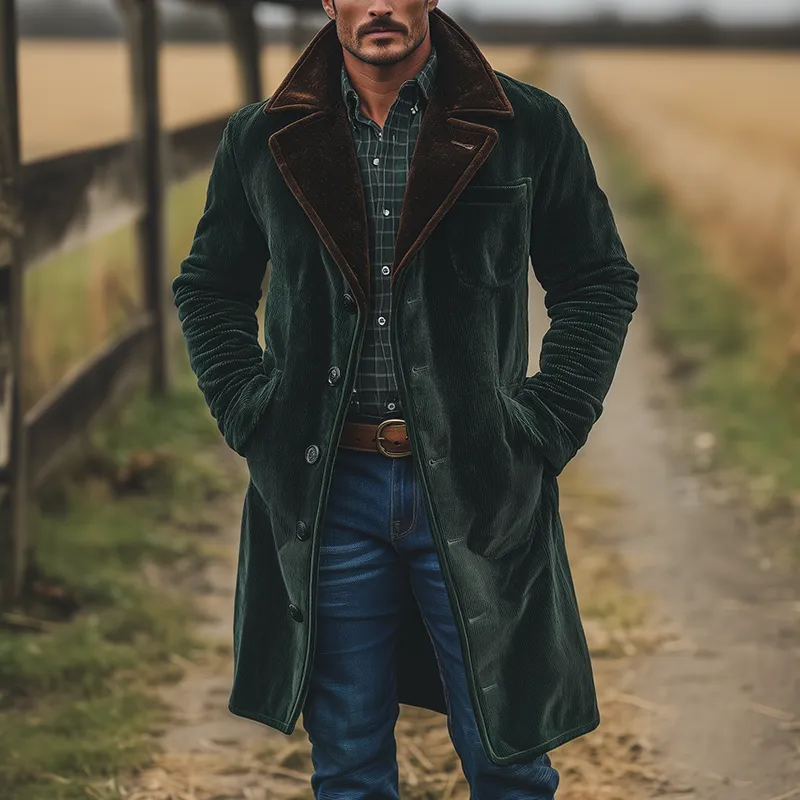 Men's Winter Retro Color-blocked Corduroy Long Button Coat MTA0595K4P sold by Manly product image thumbnail 2