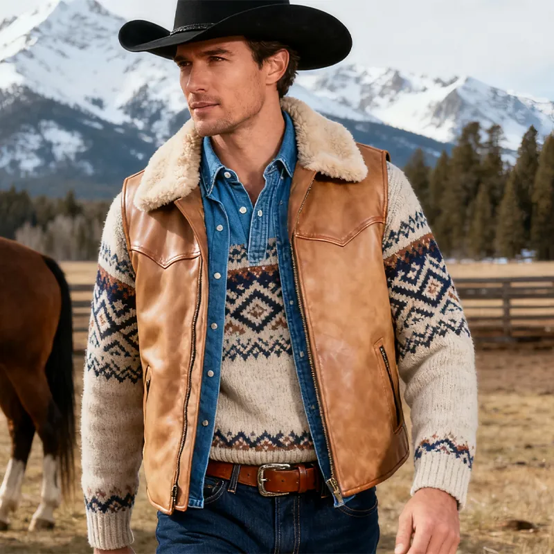 Men's Winter Retro PU Faux Leather Lambswool Collar Zipper Vest MTA0502K4P sold by Manly product image thumbnail 2