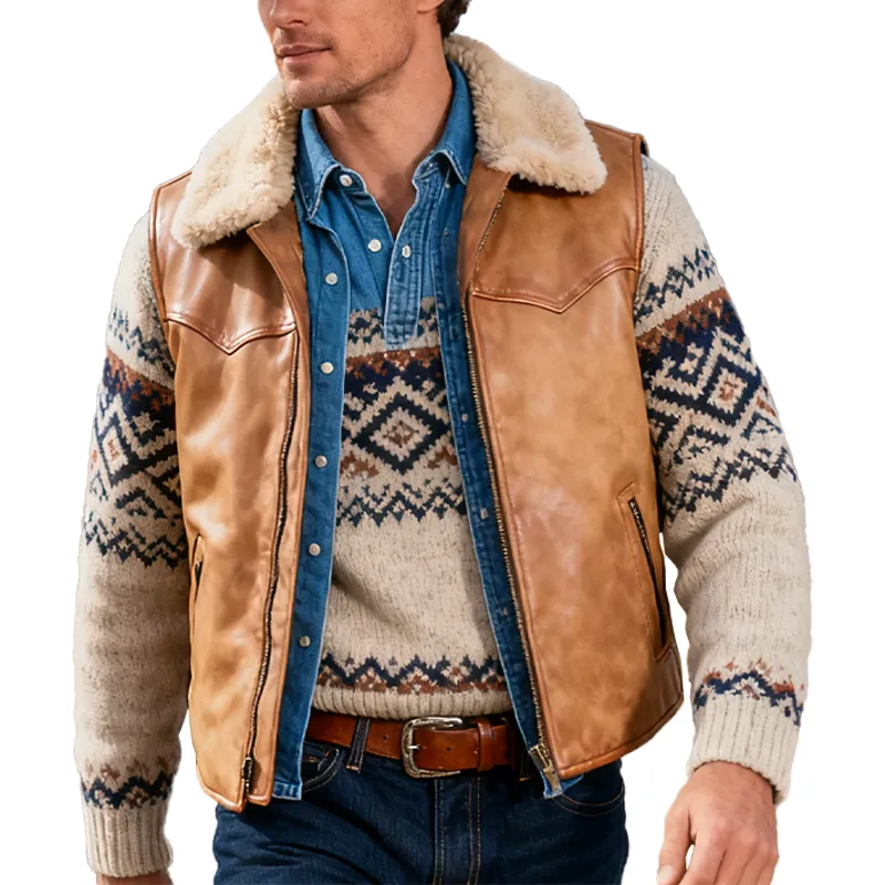 Men's Winter Retro PU Faux Leather Lambswool Collar Zipper Vest MTA0502K4P sold by Manly