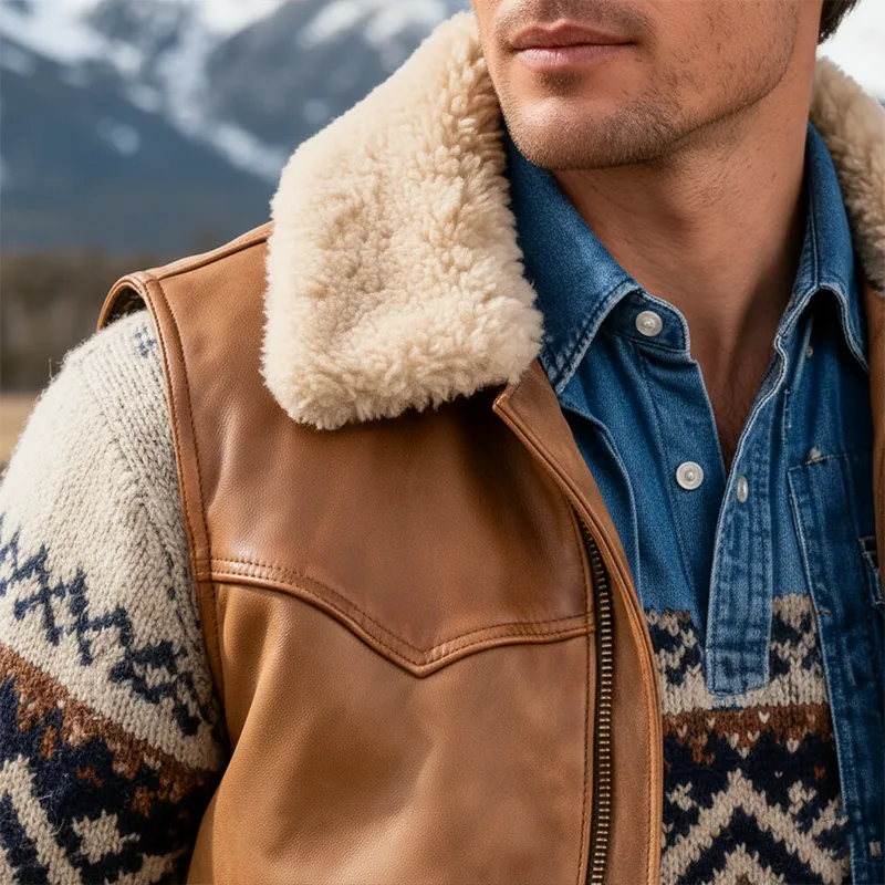 Men's Winter Retro PU Faux Leather Lambswool Collar Zipper Vest MTA0502K4P sold by Manly product image thumbnail 4