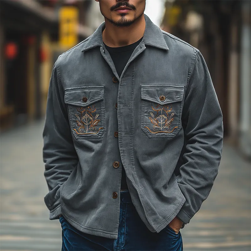 Men's Simple Retro Embroidered Corduroy Shirt MTA0507K1P sold by Manly product image thumbnail 2