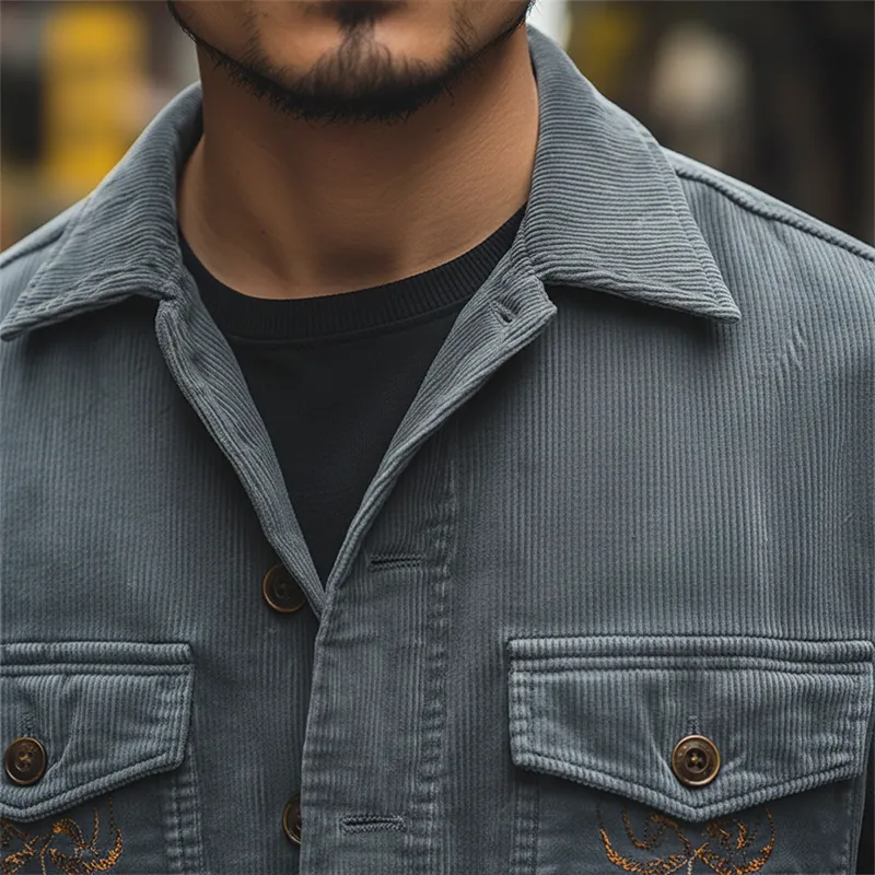 Men's Simple Retro Embroidered Corduroy Shirt MTA0507K1P sold by Manly product image thumbnail 4