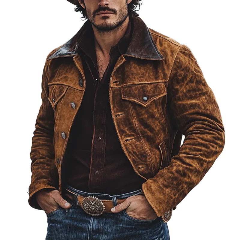Men's Retro Western Cowboy Style Patchwork PU Collar Suede Jacket MTA0310K9X sold by Manly