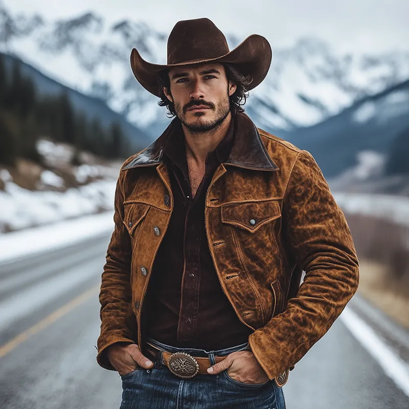 Men's Retro Western Cowboy Style Patchwork PU Collar Suede Jacket MTA0310K9X sold by Manly product image thumbnail 5