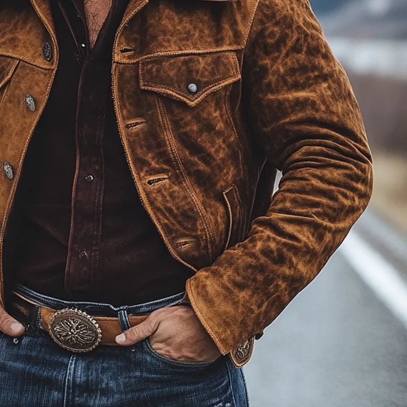 Men's Retro Western Cowboy Style Patchwork PU Collar Suede Jacket MTA0310K9X sold by Manly product image thumbnail 3