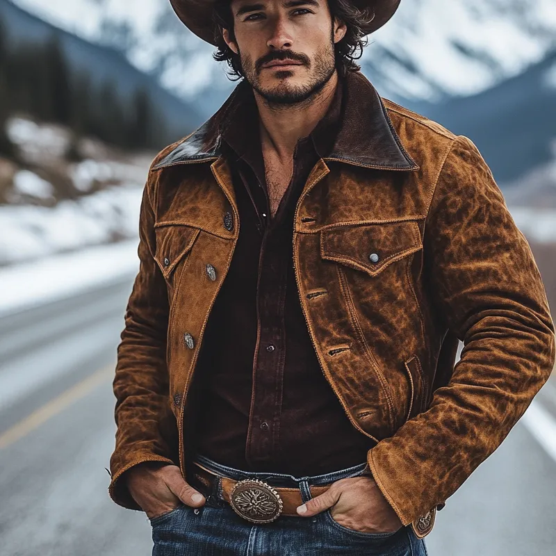 Men's Retro Western Cowboy Style Patchwork PU Collar Suede Jacket MTA0310K9X sold by Manly product image thumbnail 2
