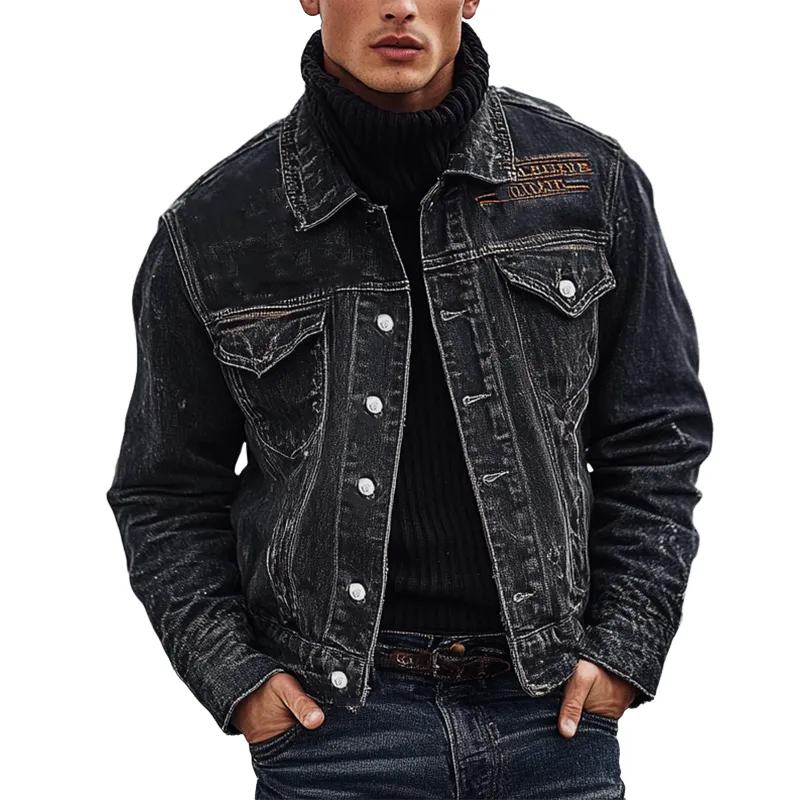 Men's Retro Washed Embroidered Collar Denim Jacket MTA0376K1X sold by Manly
