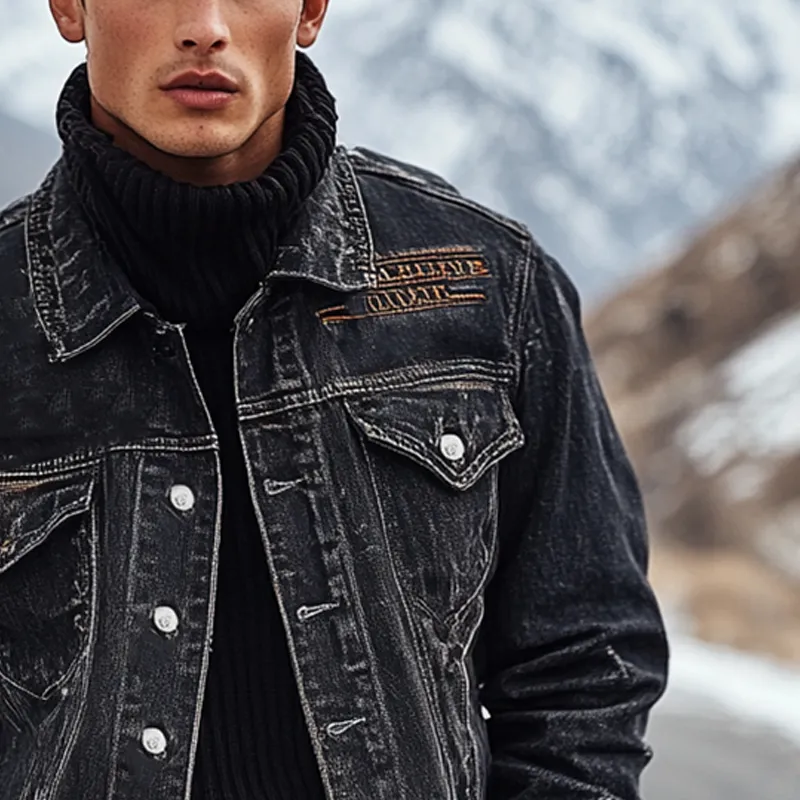 Men's Retro Washed Embroidered Collar Denim Jacket MTA0376K1X sold by Manly product image thumbnail 3