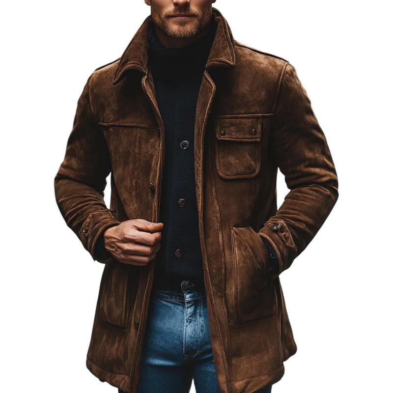 Men's Retro Solid Color Lapel Faux Suede Mid-Length Coat MTA0536K2X sold by Manly