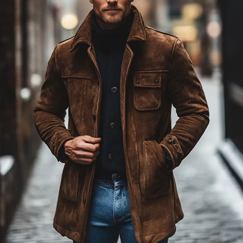 Men's Retro Solid Color Lapel Faux Suede Mid-Length Coat MTA0536K2X sold by Manly product image thumbnail 3