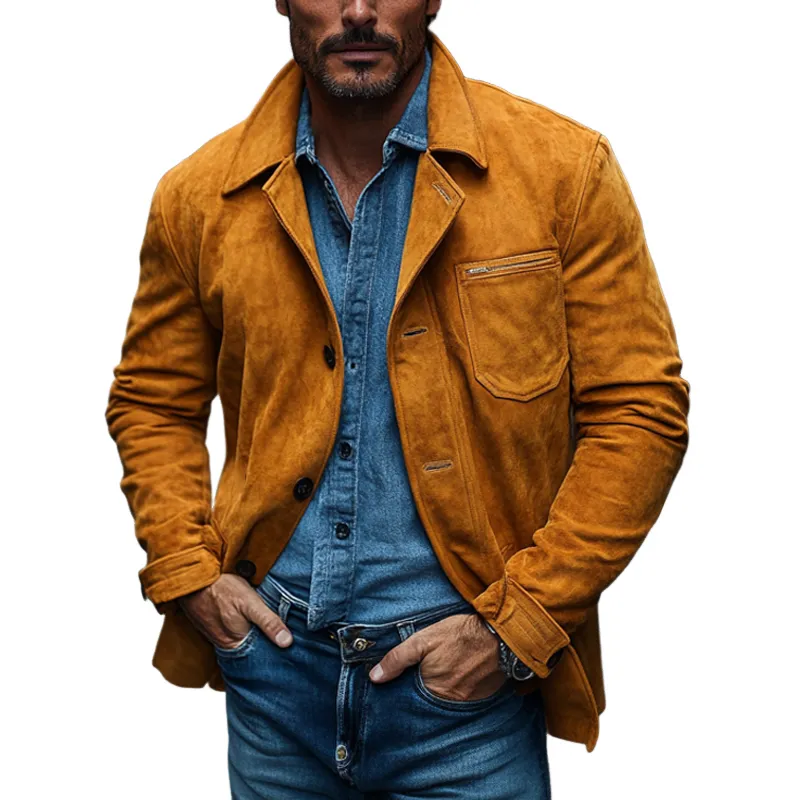 Men's Casual Solid Color Faux Suede Collar Button Jacket MTA0593K9X sold by Manly