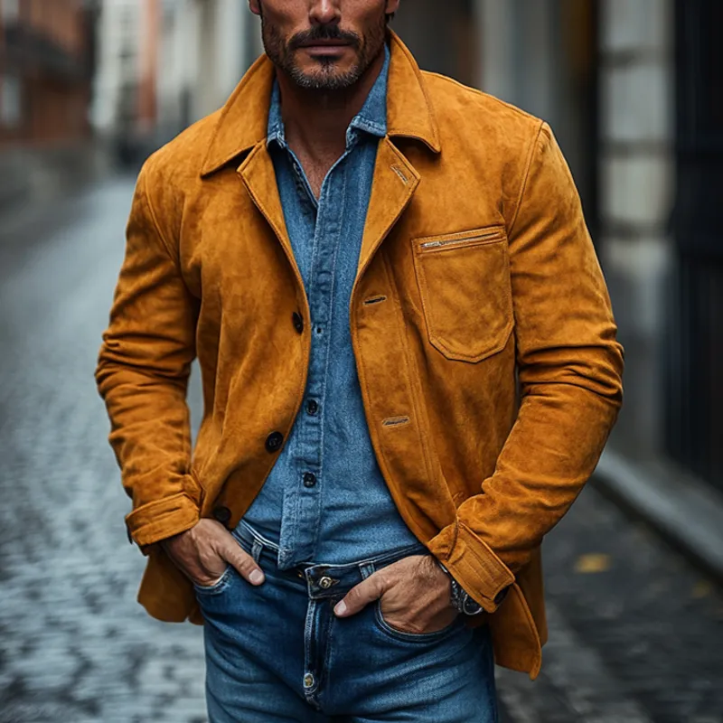 Men's Casual Solid Color Faux Suede Collar Button Jacket MTA0593K9X sold by Manly product image thumbnail 3