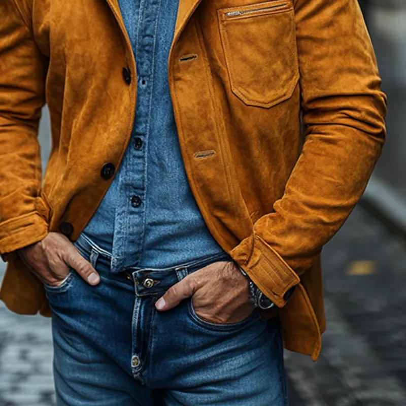 Men's Casual Solid Color Faux Suede Collar Button Jacket MTA0593K9X sold by Manly product image thumbnail 4