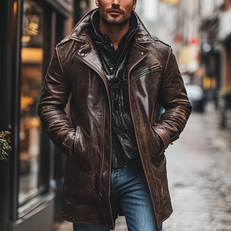 Men's Retro PU Collar Mid-Length Leather Coat MTA0583K6X sold by Manly product image thumbnail 2