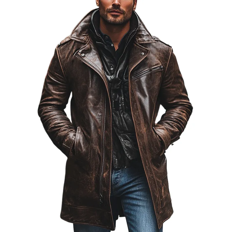 Men's Retro PU Collar Mid-Length Leather Coat MTA0583K6X sold by Manly