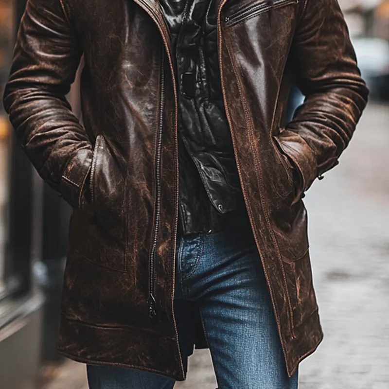 Men's Retro PU Collar Mid-Length Leather Coat MTA0583K6X sold by Manly product image thumbnail 4