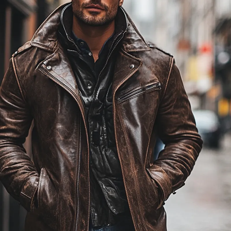 Men's Retro PU Collar Mid-Length Leather Coat MTA0583K6X sold by Manly product image thumbnail 3