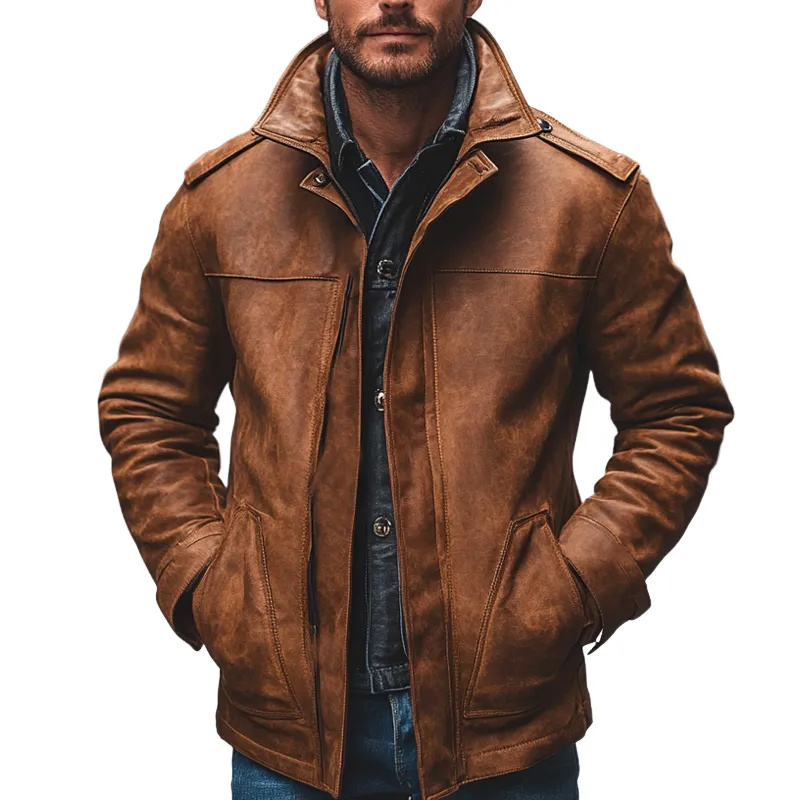 Men's Retro Solid Color Lapel Zipper PU Jacket MTA0535K9X sold by Manly