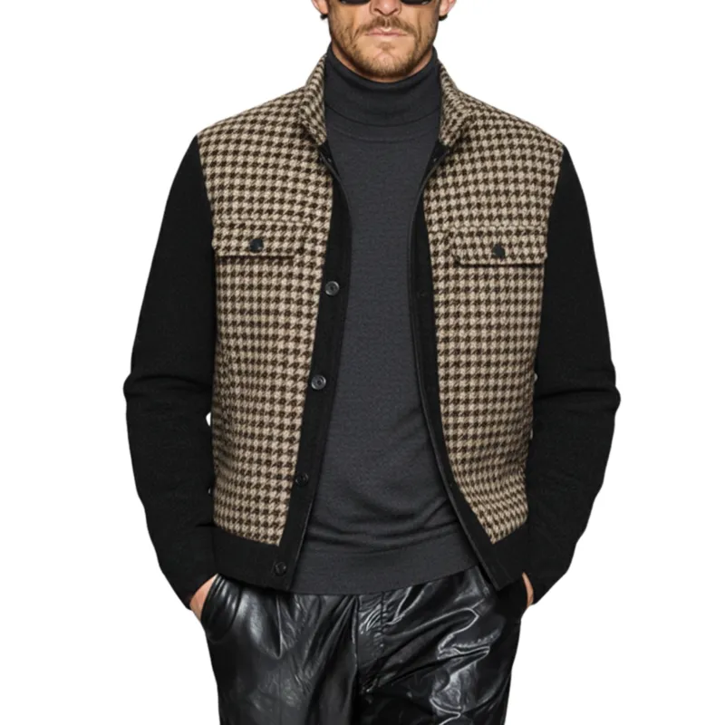 Men's Classic Casual Stand-up Collar Faux Houndstooth Patchwork Black Wool Jacket MTA0561K2K sold by Manly