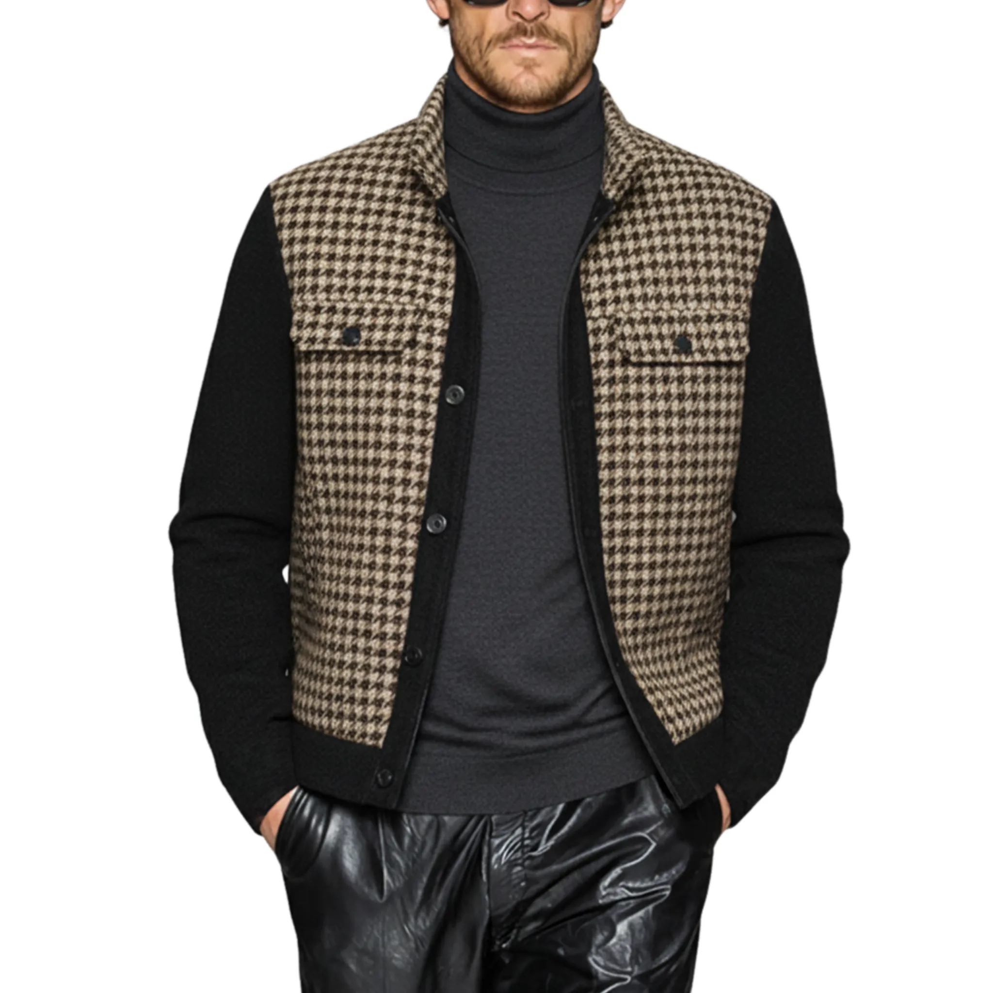 Men's Classic Casual Stand-up Collar Faux Houndstooth Patchwork Black Wool Jacket MTA0561K2K sold by Manly