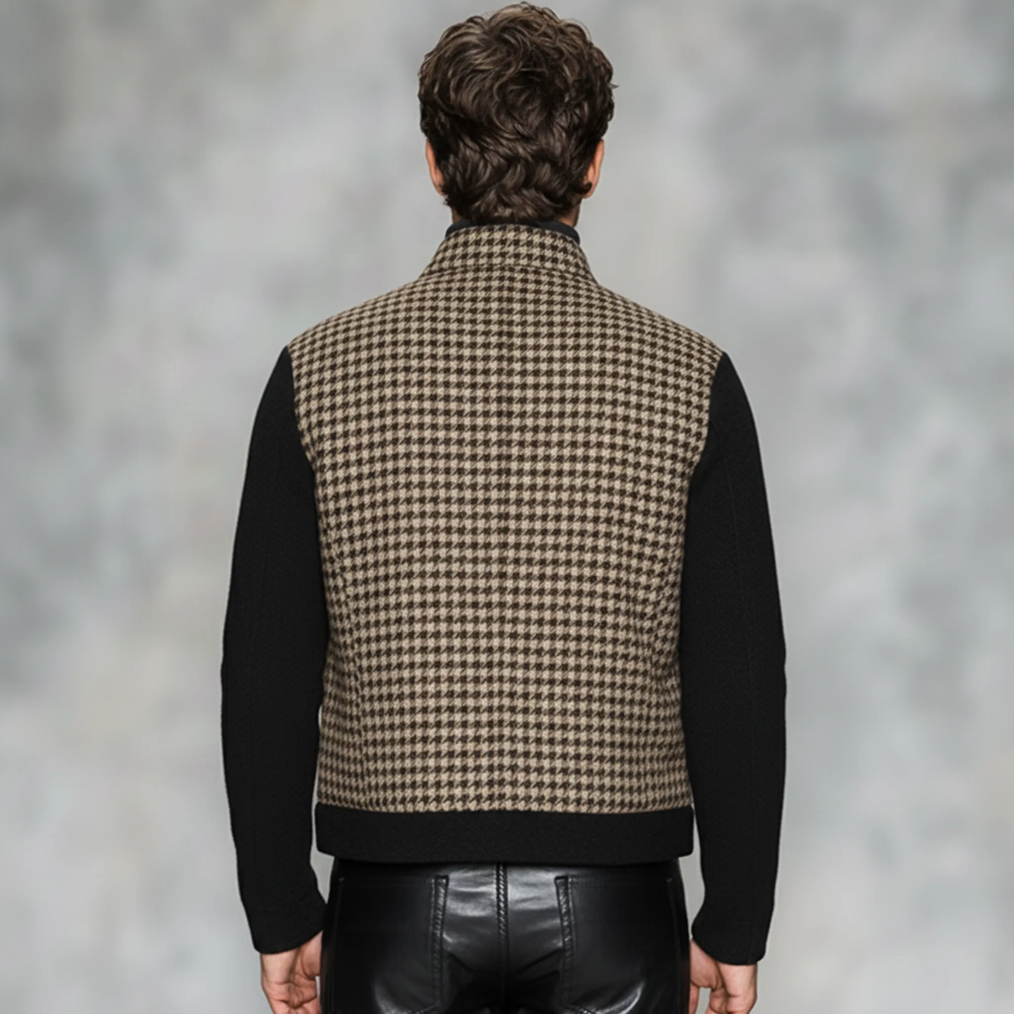 Men's Classic Casual Stand-up Collar Faux Houndstooth Patchwork Black Wool Jacket MTA0561K2K sold by Manly product image thumbnail 4