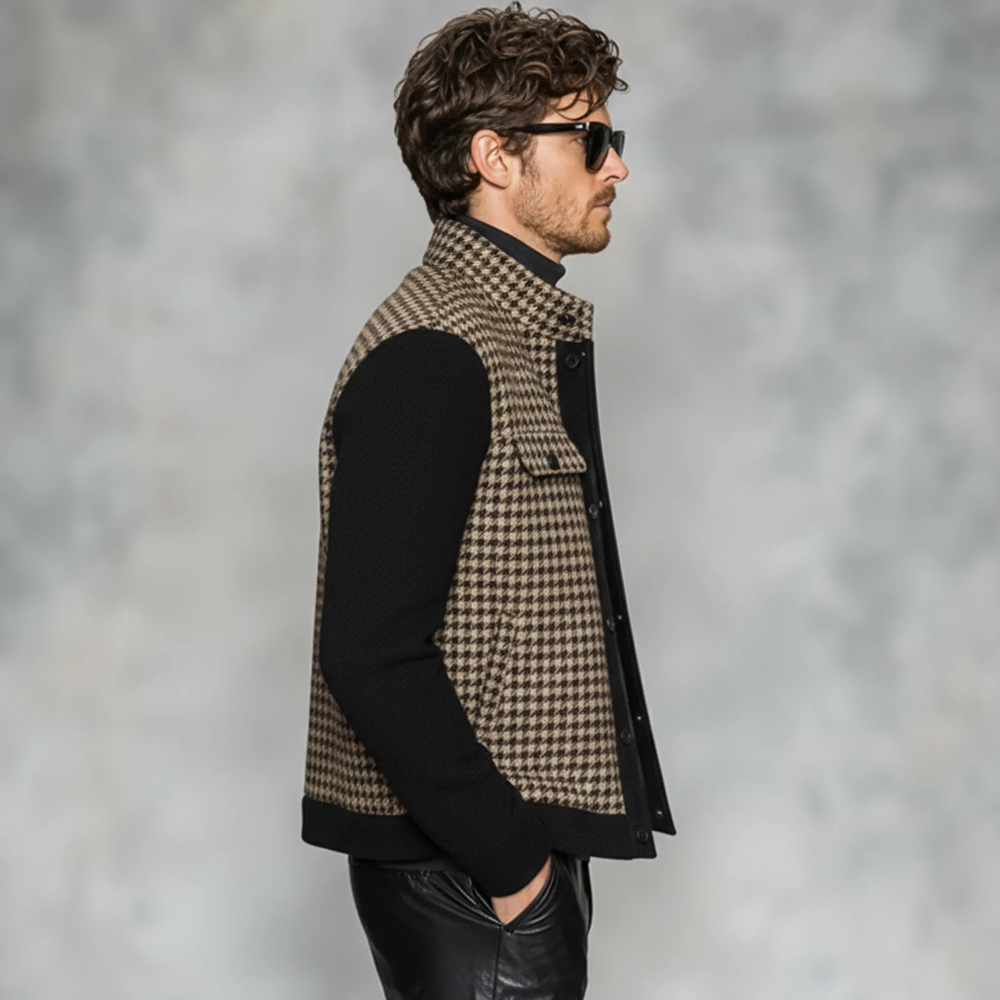 Men's Classic Casual Stand-up Collar Faux Houndstooth Patchwork Black Wool Jacket MTA0561K2K sold by Manly product image thumbnail 3